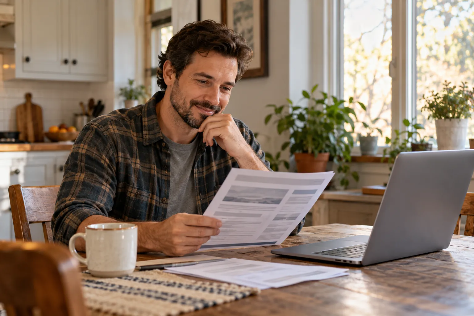 A homeowner reviewing a written roof quote at a kitchen table in the Lorain area